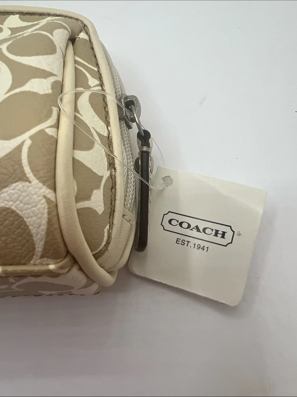 Coach Beige Signature Cosmetic Case with Pink Center Stripe